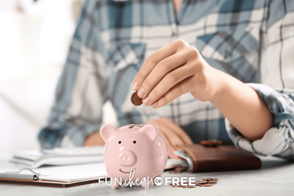 hand of woman in blue plaid shirt placing coins into a pink piggy bank, representing investing for beginners, from Fun Cheap or Free