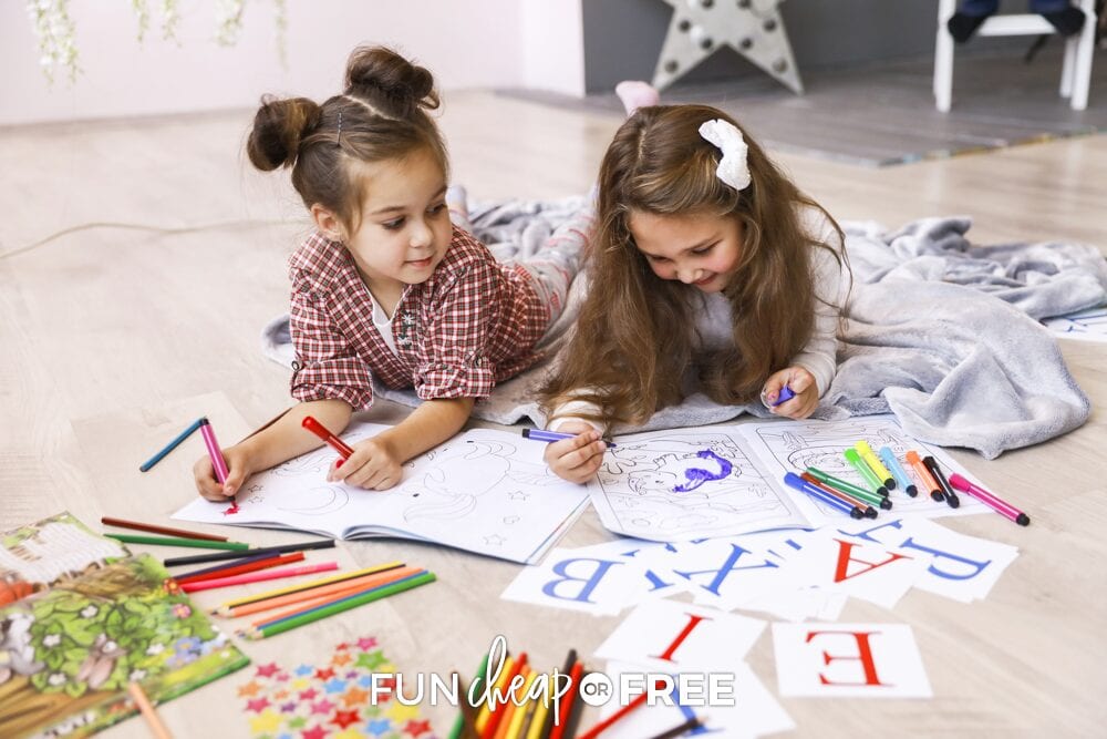 Girls coloring on the floor, from Fun Cheap or Free