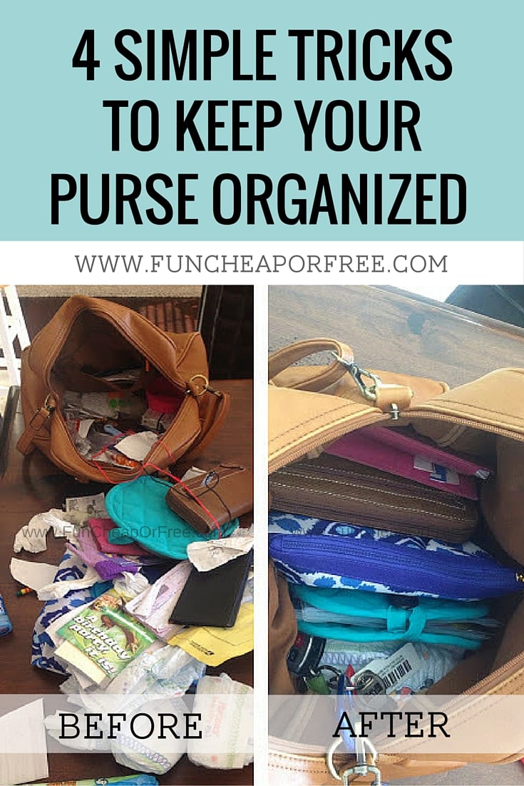 Tips for keeping your purse organized! No more floating receipts, chapsticks, punchcards or diapers -- you'll have the cleanest bag around! See how - www.FunCheapOrFree.com