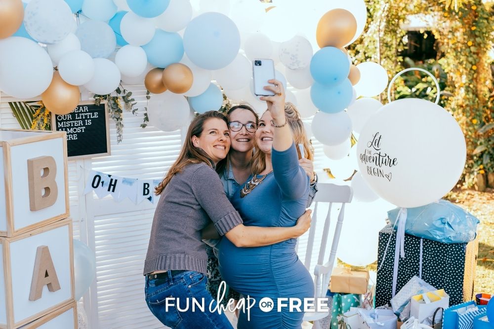 friends taking selfie at a baby shower, from Fun Cheap or Free