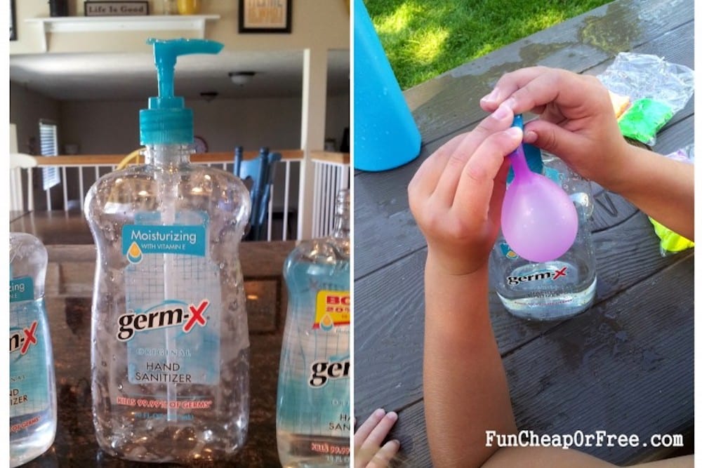 hand sanitizer bottles filling water balloons, from Fun Cheap or Free