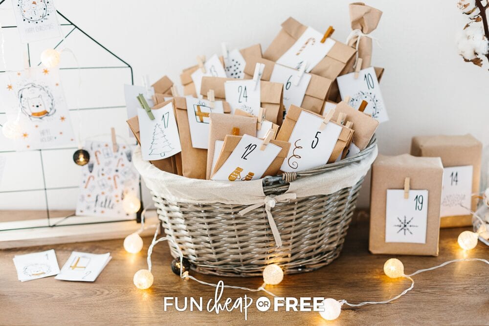 Advent calendar packages in a basket, from Fun Cheap or Free