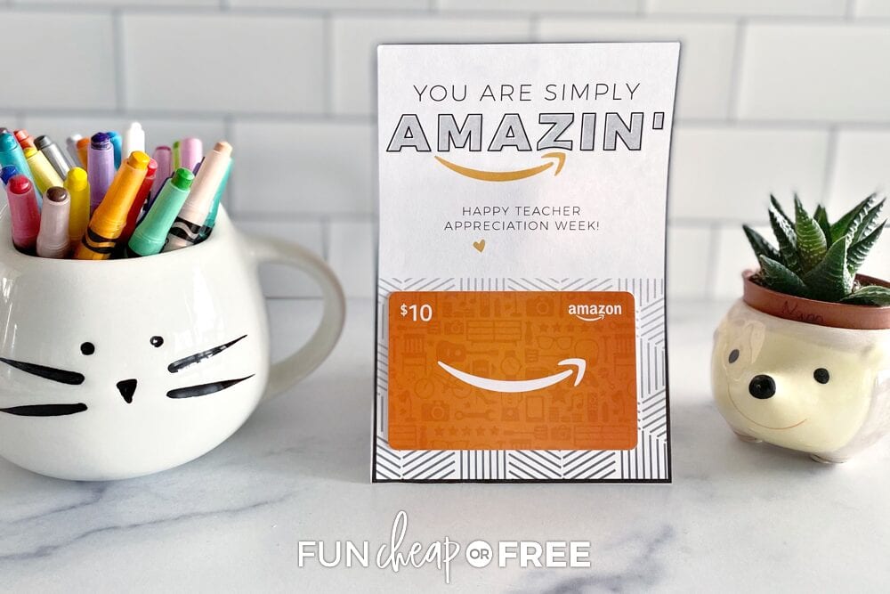 Amazon teacher appreciation printable on a counter, from Fun Cheap or Free