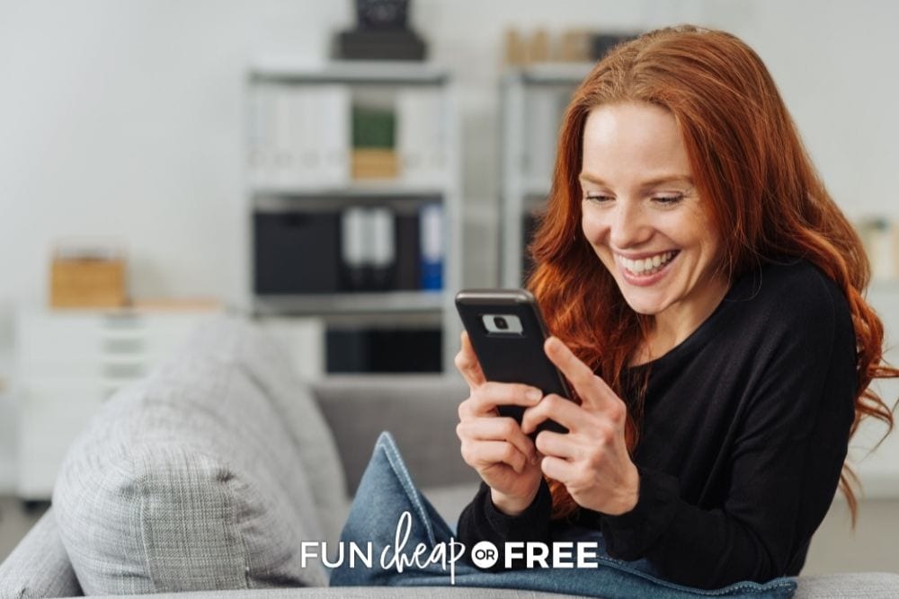 woman using phone app on couch, from Fun Cheap or Free