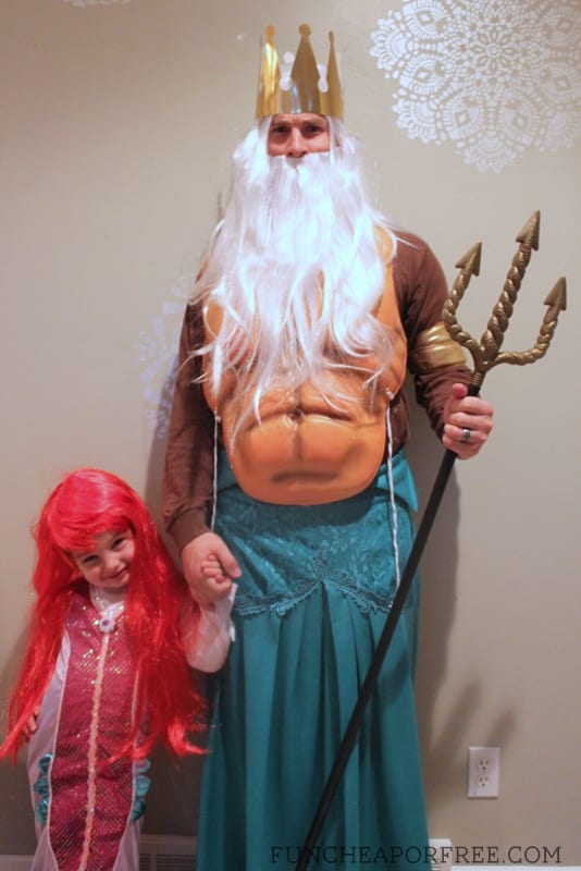 DIY Little Mermaid Costumes for the entire family! Get ideas, and inspiration to transform into Ariel, Ursula, King Triton, and more! www.FunCheapOrFree.com