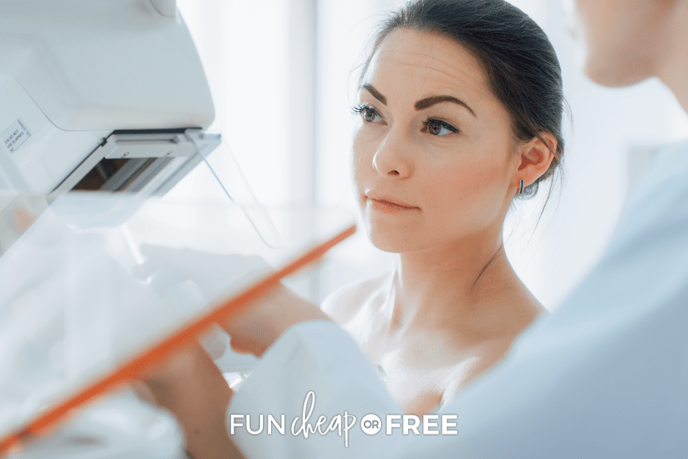 Woman about to get a mammogram, from Fun Cheap or Free