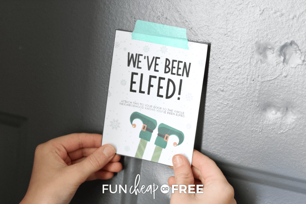 you've been elfed! note being hung on a door, from Fun Cheap or Free