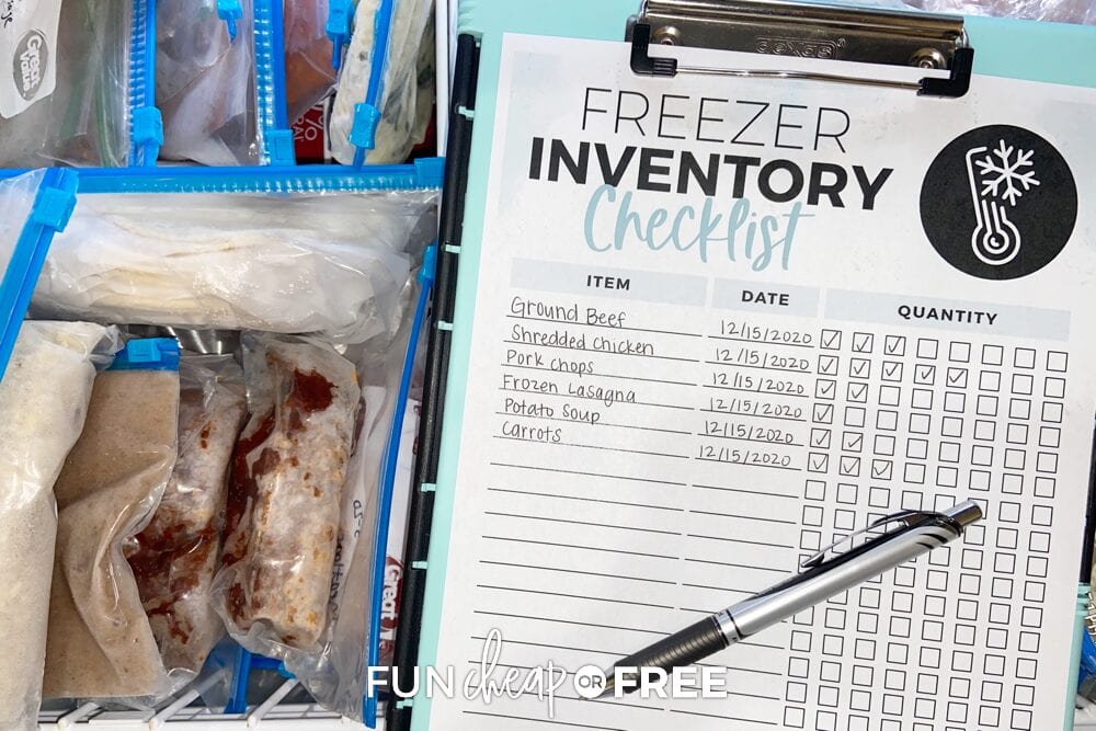 Freezer inventory checklist in a freezer drawer, from Fun Cheap or Free