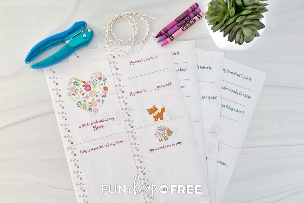 Supplies for the Mother's Day interview book, from Fun Cheap or Free