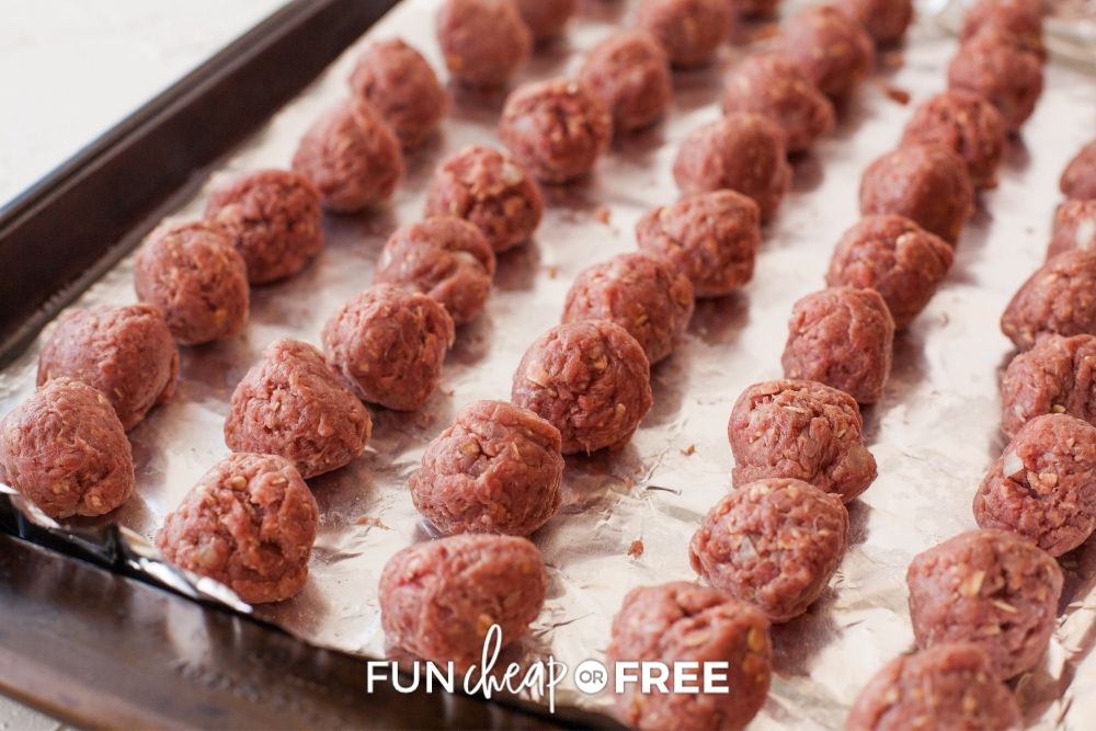 raw meatballs on baking tin, from Fun Cheap or Free