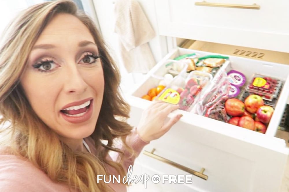 Jordan showing her refrigerated door with snacks for kids, from Fun Cheap or Free