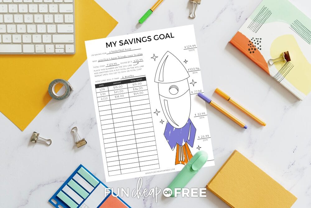 Use this savings tracker to help kids focus on saving money for a specific goal - Teaching kids to save money tips from Fun Cheap or Free