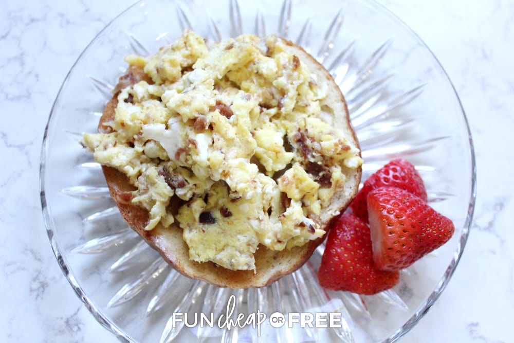 A bagel egg scramble on a plate from Fun Cheap or Free