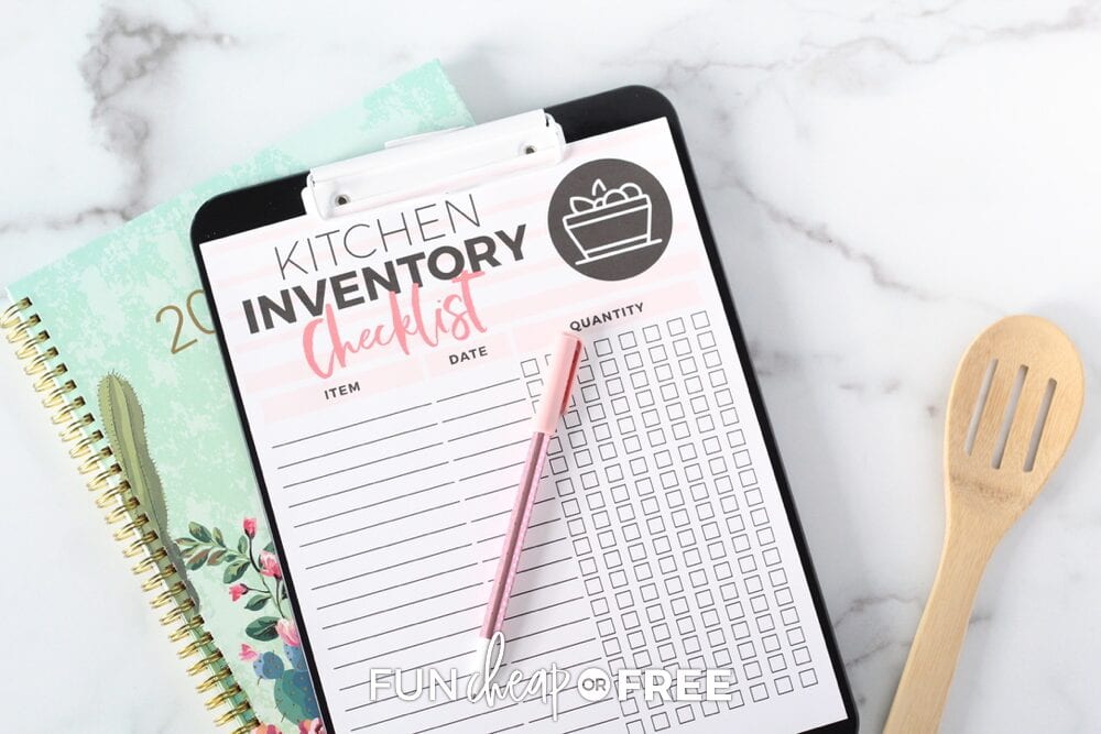 Kitchen inventory checklist printable on a counter, from Fun Cheap or Free