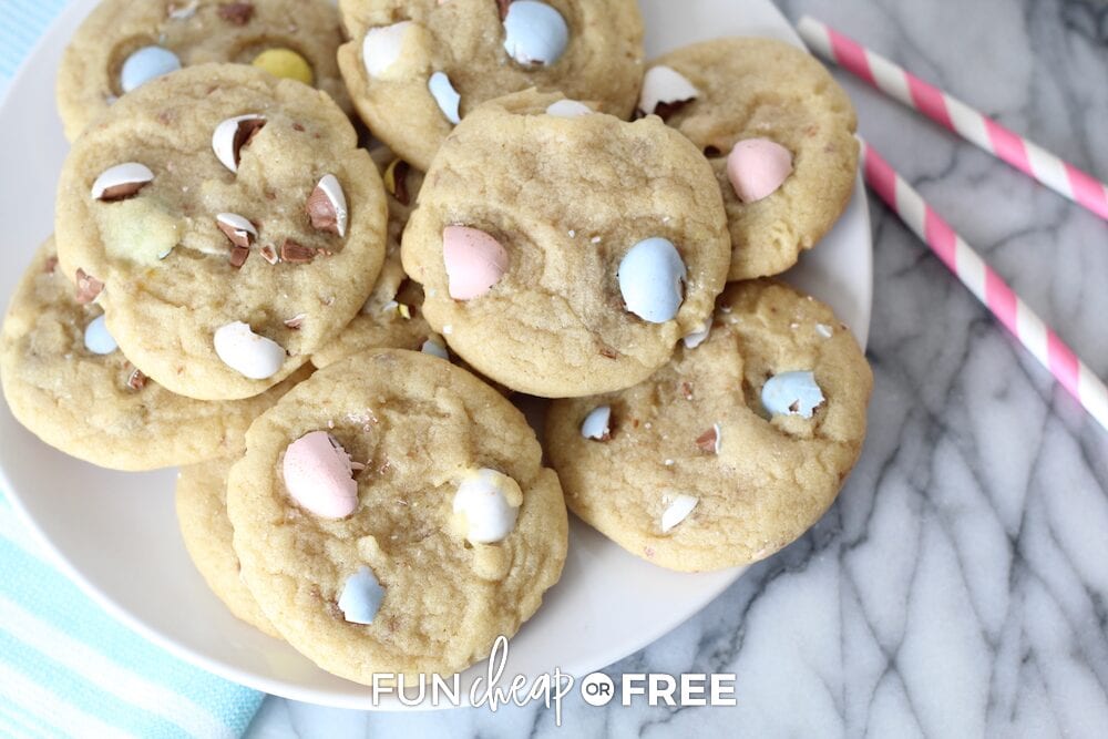 chocolate chip cookies using leftover Easter candy on a plate, from Fun Cheap or Free