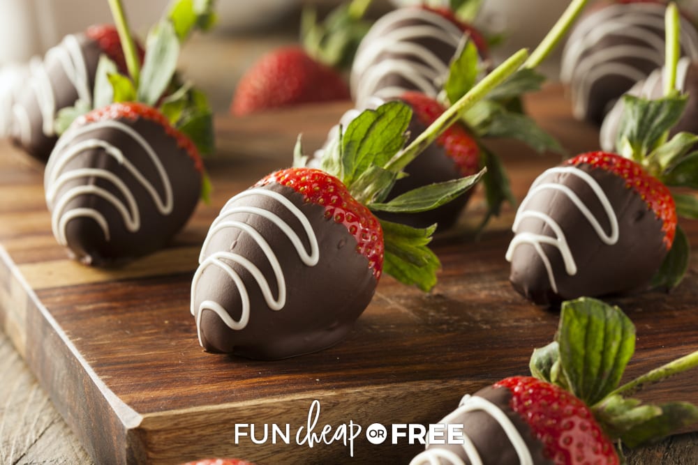 Chocolate covered strawberries on a wooden board, from Fun Cheap or Free