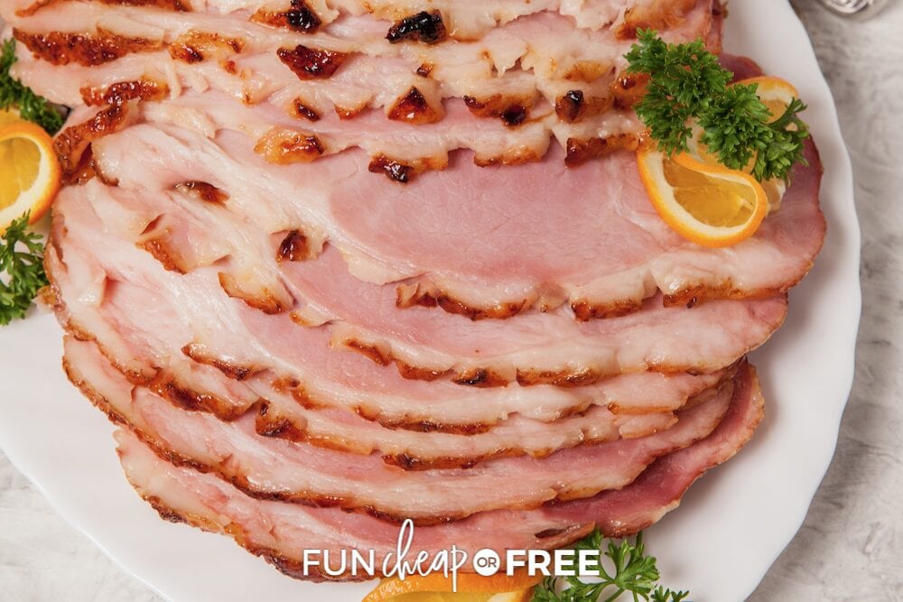 Easy slow cooker ham recipe on a plate, from Fun Cheap or Free