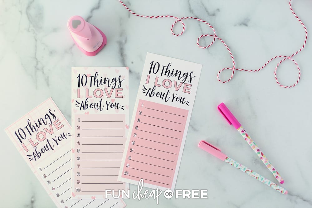 10 things I love about you printable on a counter, from Fun Cheap or Free