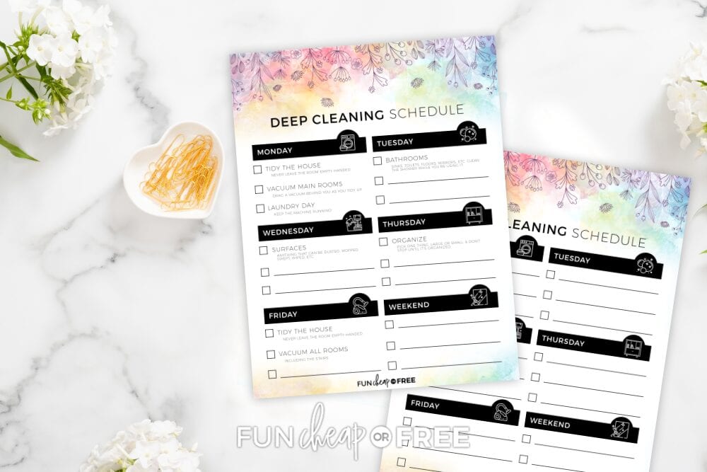 Printable cleaning schedule on a counter from Fun Cheap or Free
