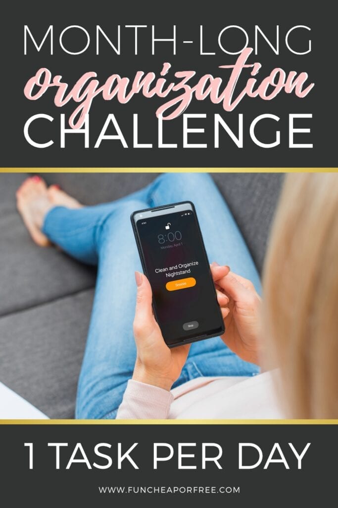 Image with text htat reads "month-long organization challenge" from Fun Cheap or Free