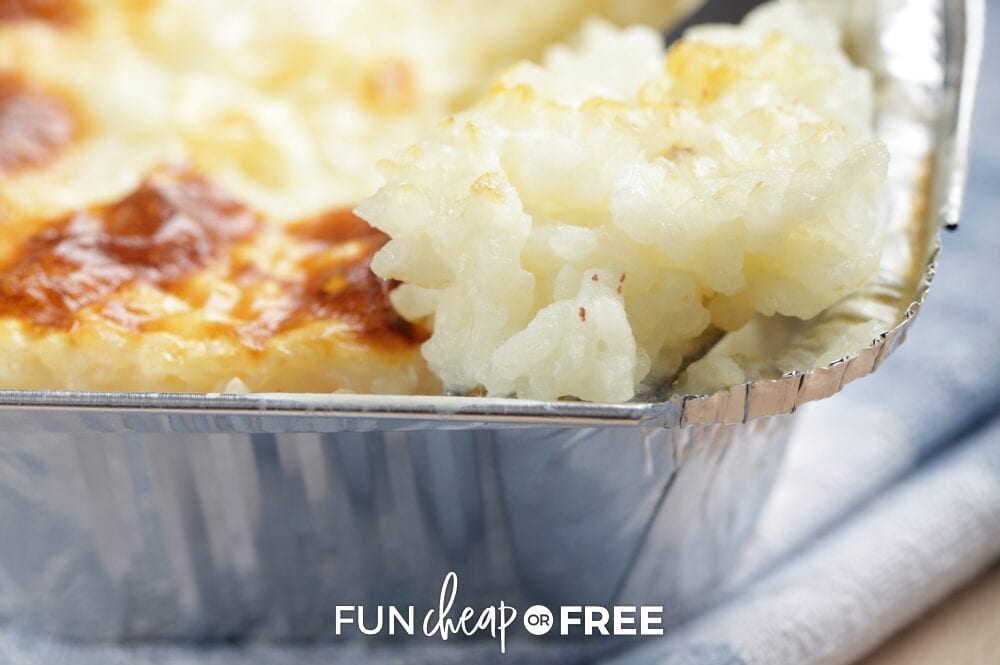 potato casserole in an aluminum pan, from Fun Cheap or Free