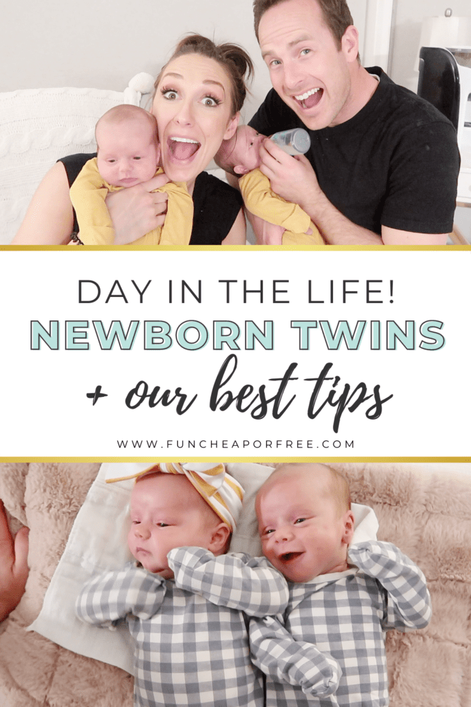 Image with text that reads "day in the life of newborn twins" from Fun Cheap or Free