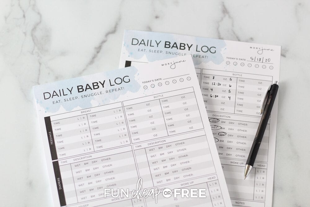 These daily logs are the perfect way for everybody to keep track of what the baby needs - Ideas from Fun Cheap or Free