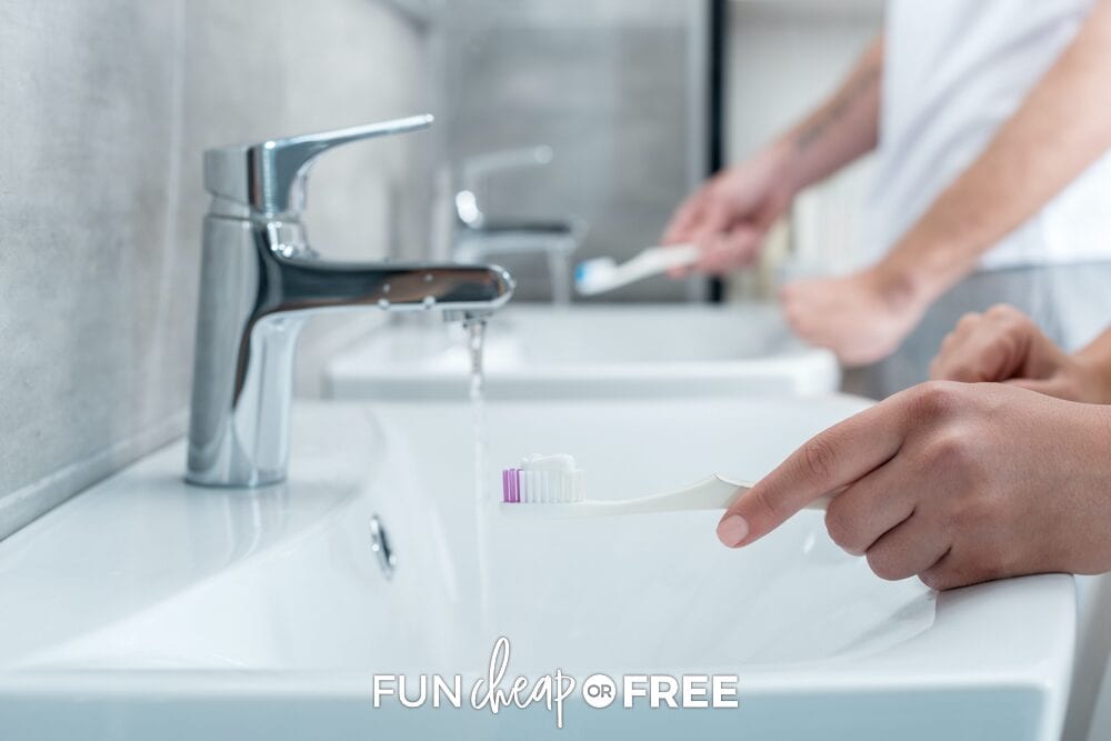 Never stand still while brushing your teeth! Use that time to pick up around the bathroom or get things ready. Multitasking tips from Fun Cheap or Free
