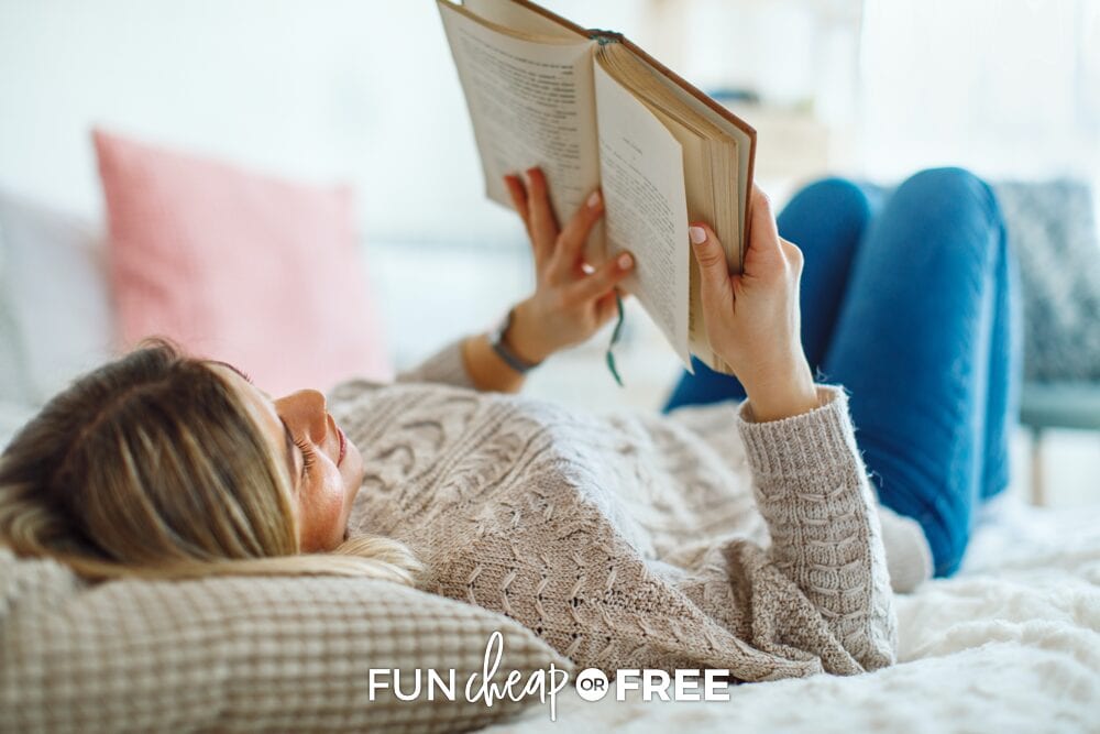 Woman reading a book in bed, from Fun Cheap or Free