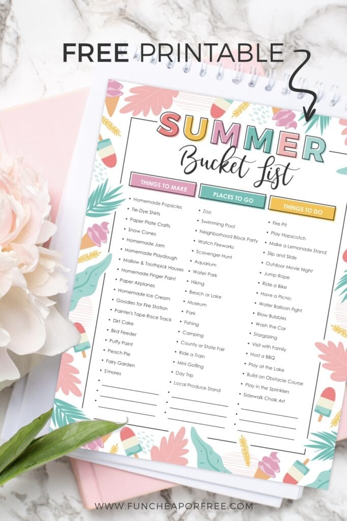 Summer bucket list printable on a counter, from Fun Cheap or Free