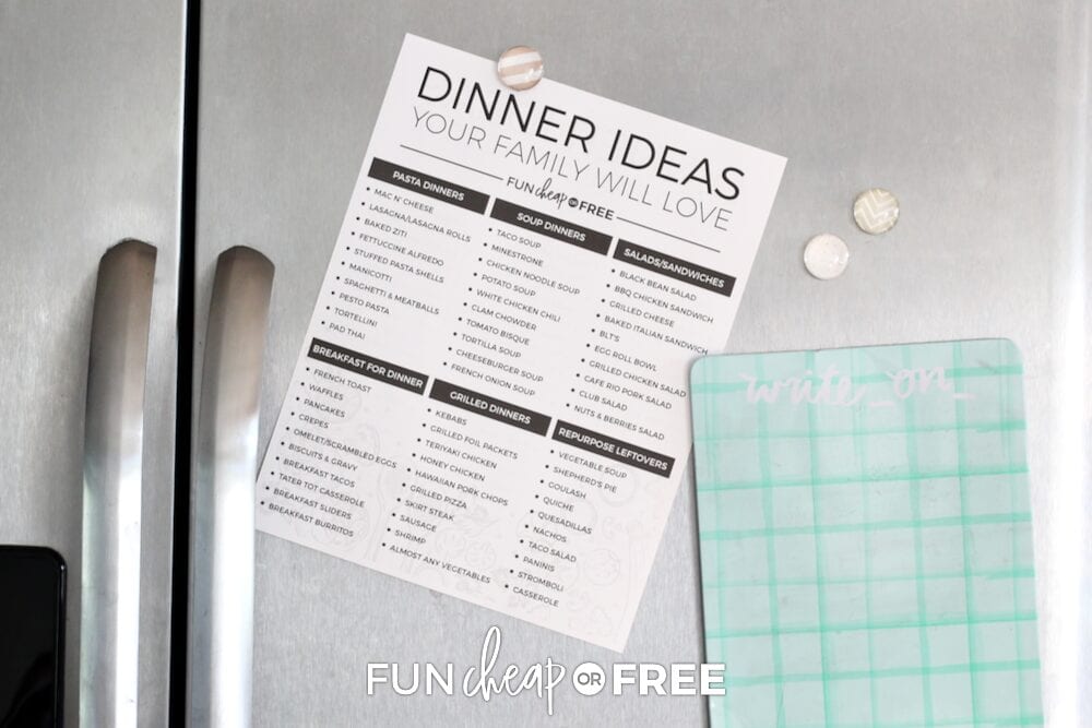 Dinner ideas printable hanging on a fridge, from Fun Cheap or Free