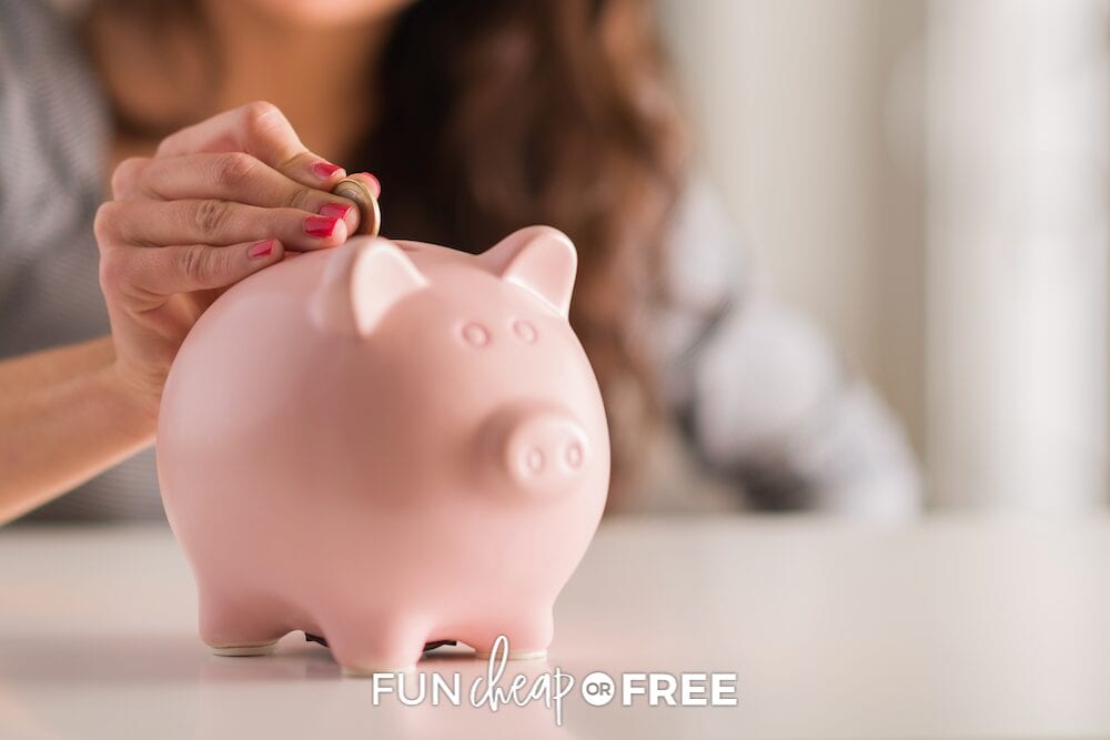 woman putting a coin in a piggy bank, from Fun Cheap or Free