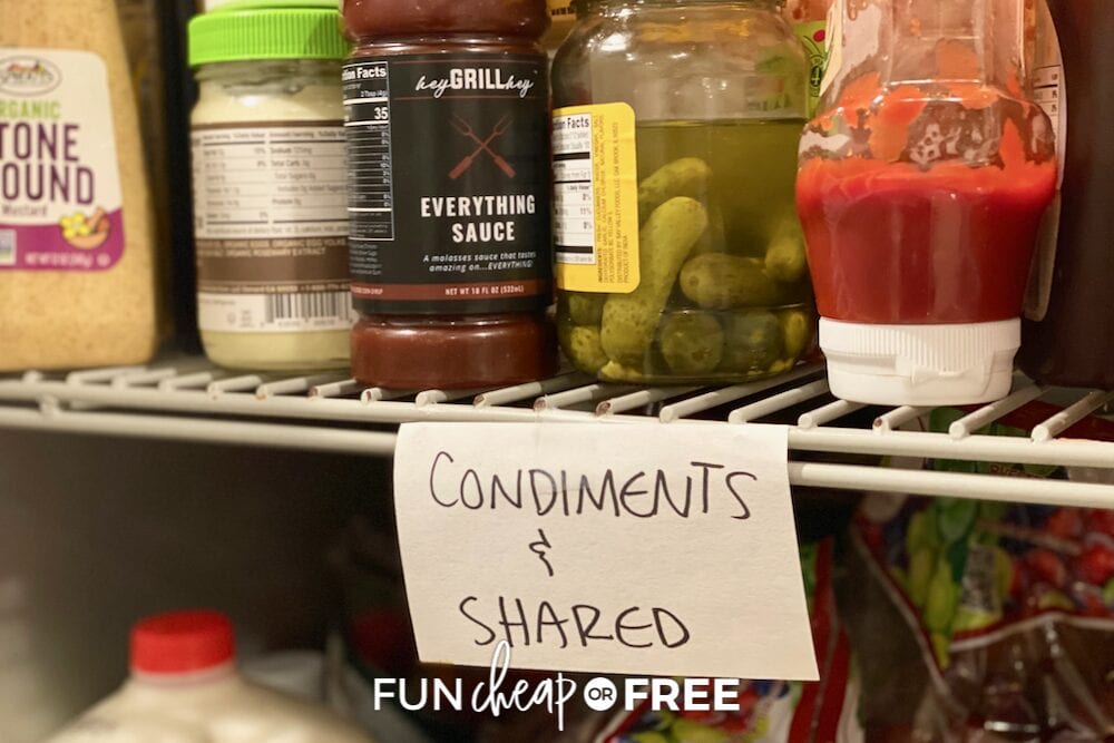 Use index cards to organize the food and keep it straight in the fridge and pantry - Tips from Fun Cheap or Free