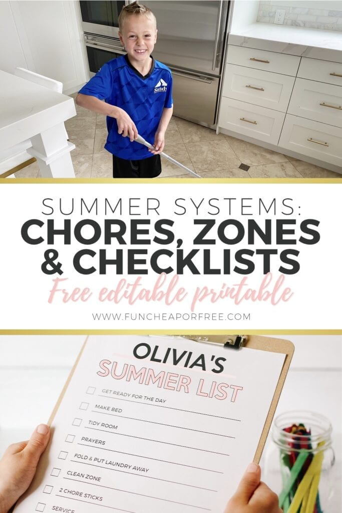 Image that reads "summer systems: chore checklists, zones and free printable", from Fun Cheap or Free