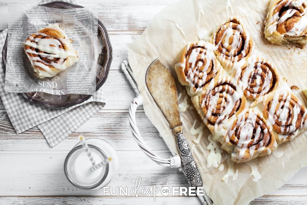 Cut cinnamon roll recipe on a plate, from Fun Cheap or Free