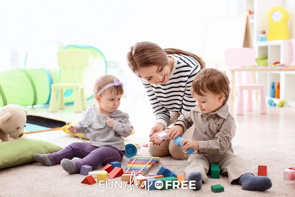 A babysitter smiling and playing with small children, from Fun Cheap or Free