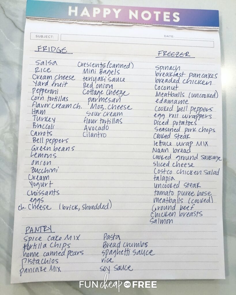 List of kitchen inventory written down on a notepad to make eating on a budget easy, from Fun Cheap or Free
