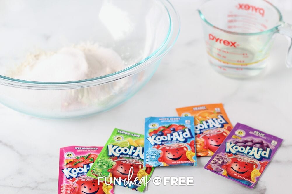 Kool-aid playdough ingredients, from Fun Cheap or Free