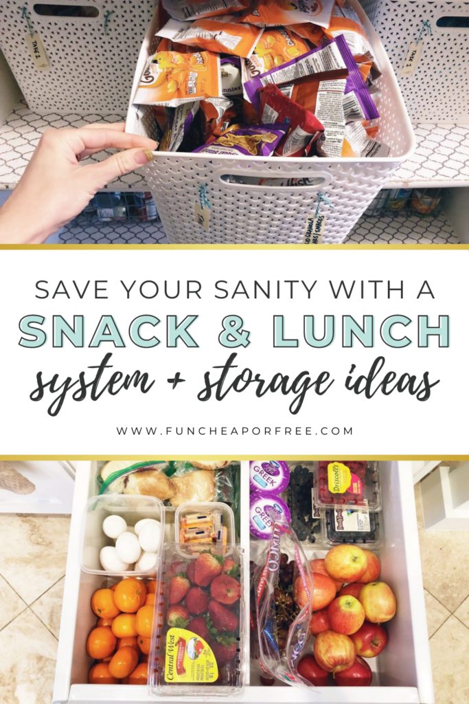 Image with text that reads "save your sanity with a snack & lunch system & storage ideas" from Fun Cheap or Free