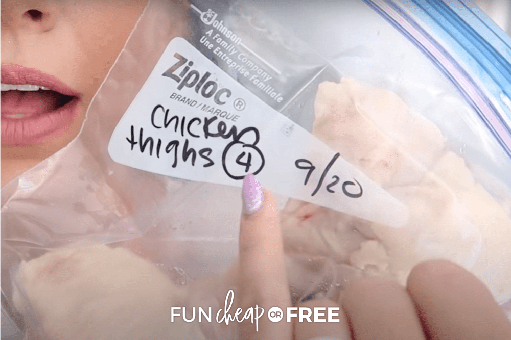A Ziploc bag labeled with the date, contents, and amount of contents, from Fun Cheap or Free