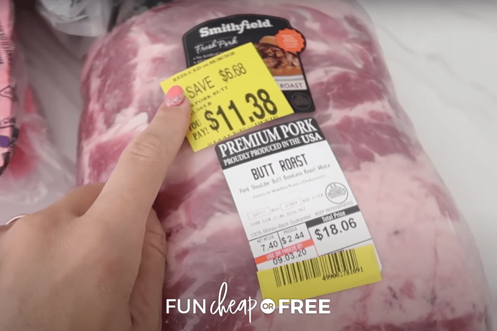 Finger pointing to a yellow tag showing how to save money on meat from Fun Cheap or Free
