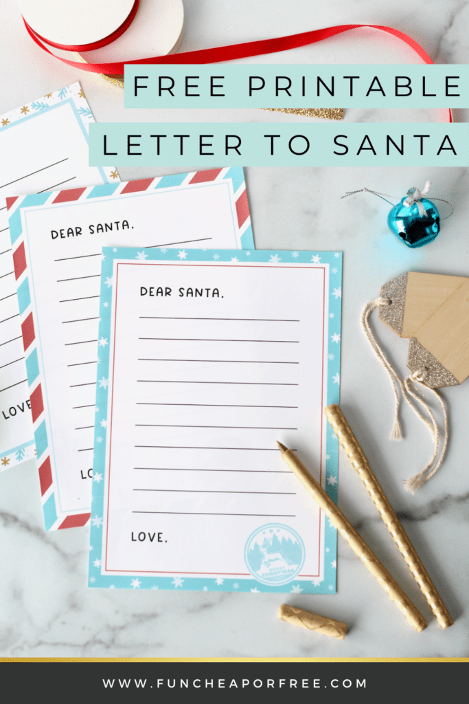 Image with text that reads "free printable letter to Santa" from Fun Cheap or Free