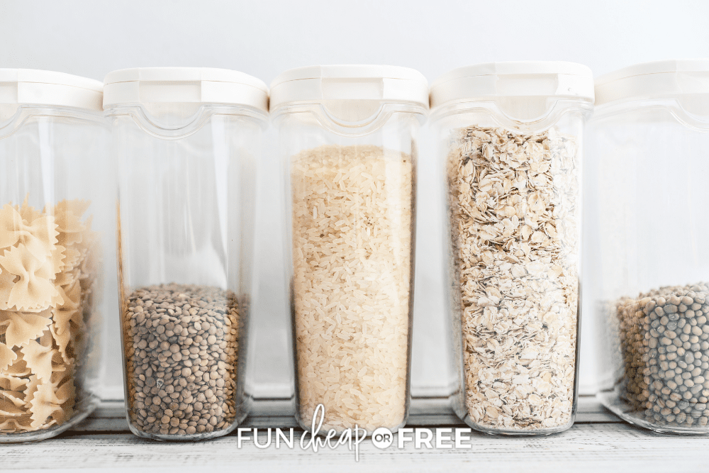 glass canisters of dry goods in the pantry, from Fun Cheap or Free