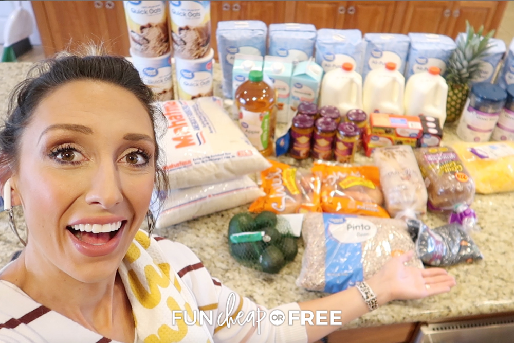 Jordan Page showing a haul of groceries for her family, from Fun Cheap or Free