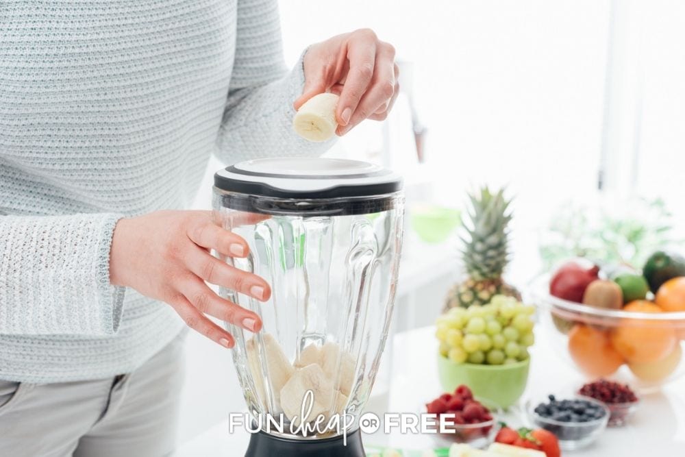 woman using a blender in her kitchen, from Fun Cheap or Free