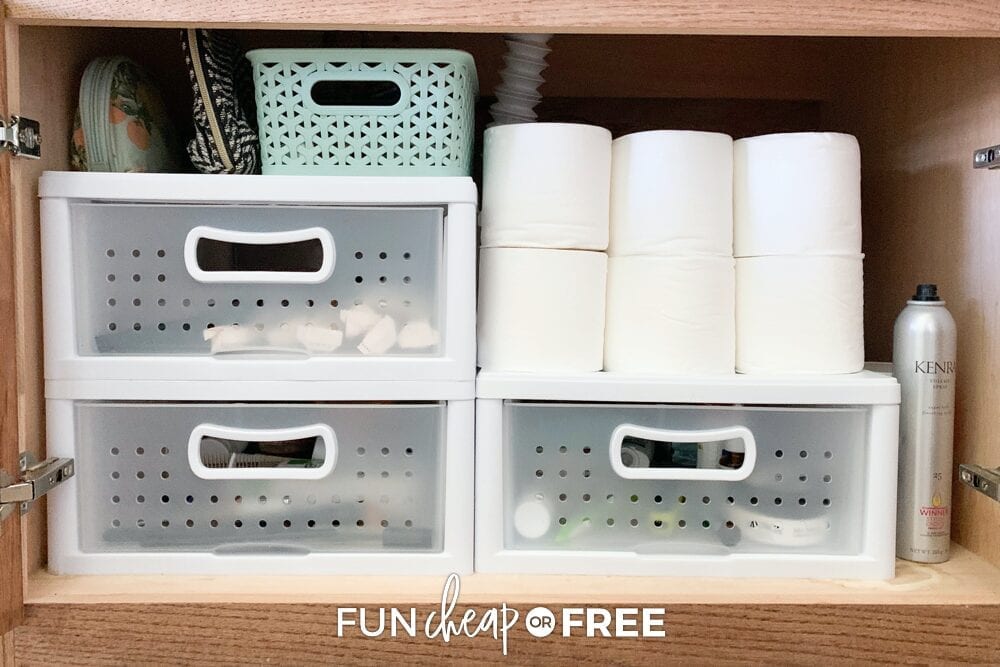 Bathroom cabinet storage containers from Fun Cheap or Free. 