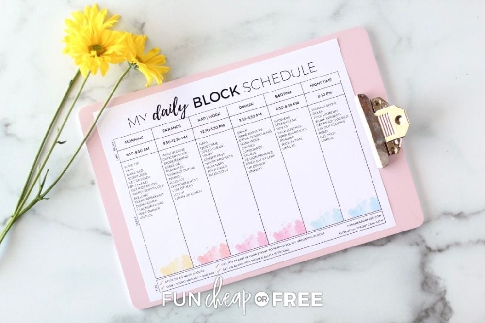 daily block schedule worksheet, from Fun Cheap or Free