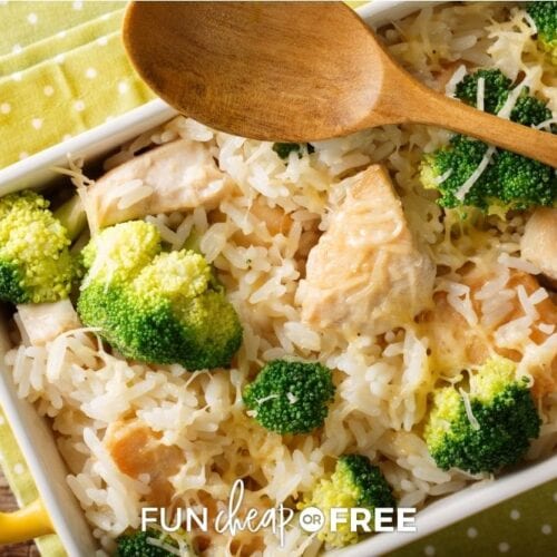 Chicken broccoli rice casserole in a dish on the counter from Fun Cheap or Free.