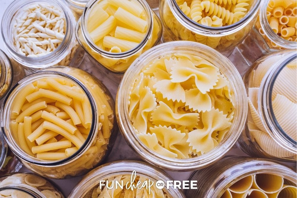 Different types of pasta in jars from Fun Cheap or Free. 