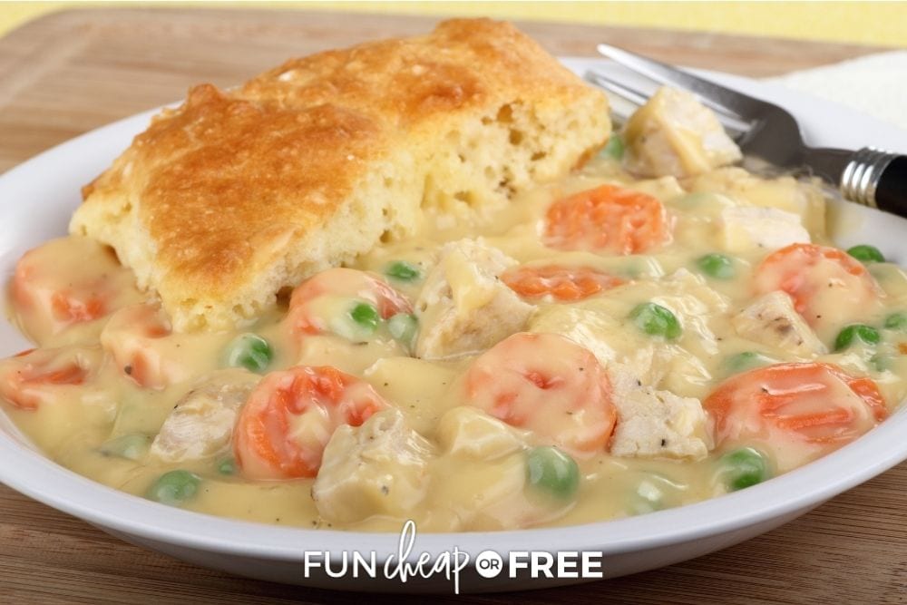 Chicken pot pie on a plate from Fun Cheap or Free. 